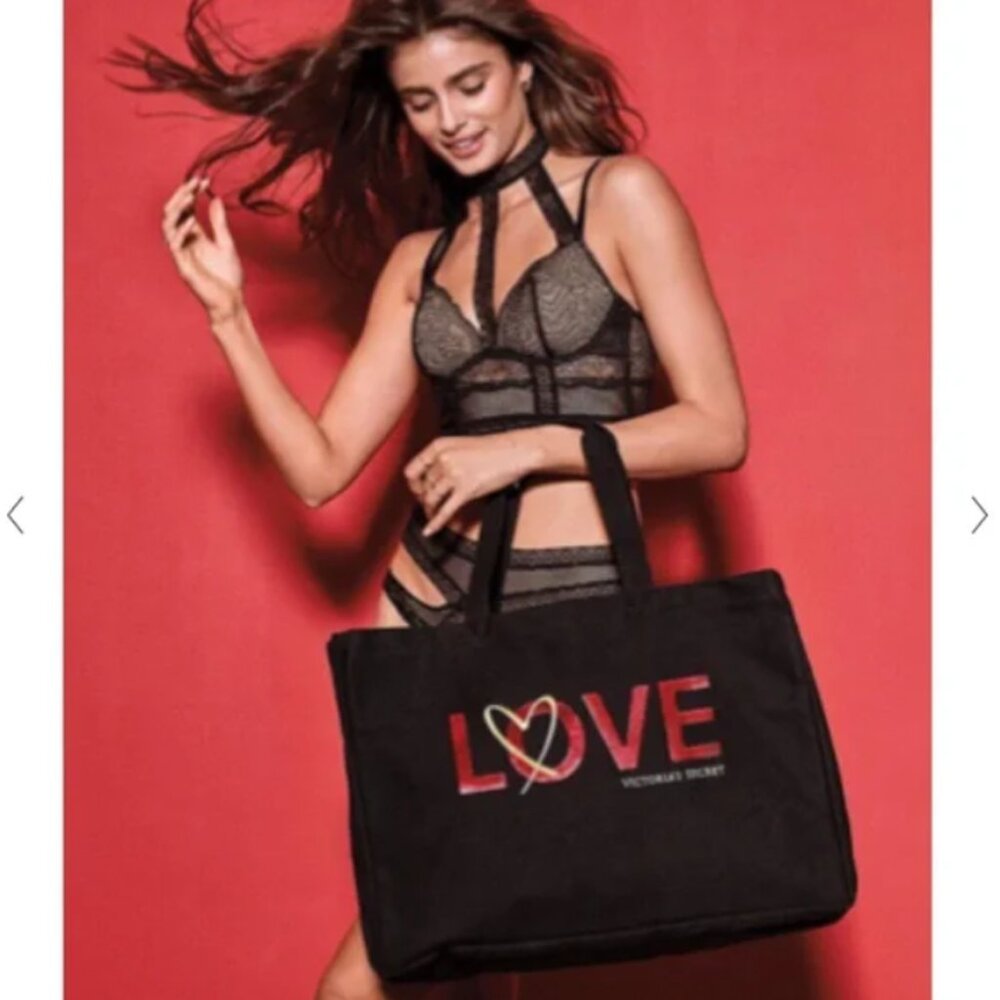 Victoria's Secret LOVE Large Black Sequin Weekender Tote Classic Vintage NEW